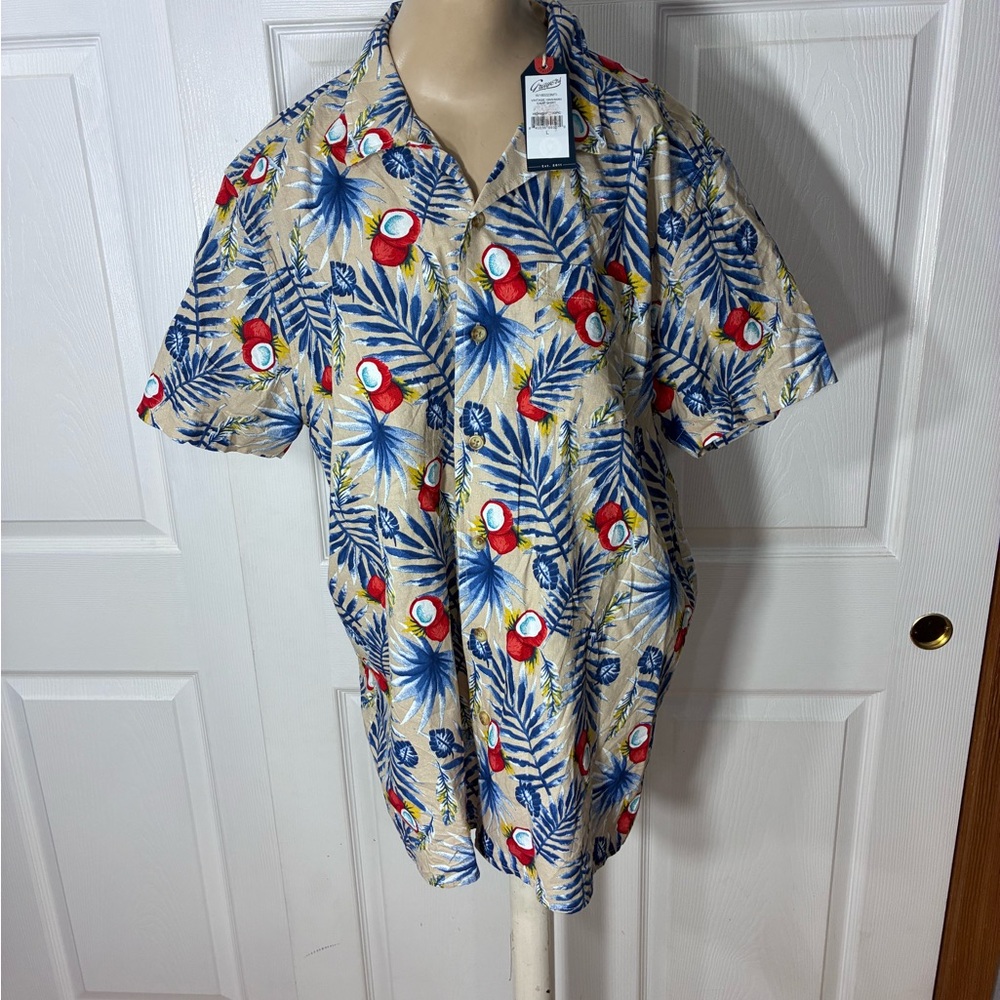 Grayers Beige Button-Down Tropical Print Short Sl… - image 1